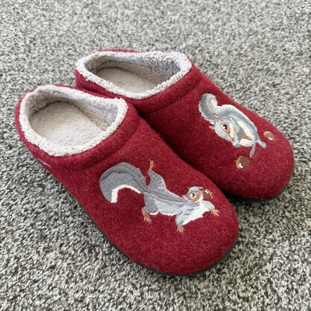 LL Bean Slippers Women's 9 Red Embroidered Wool Clogs Daybreak Scuffs Squirrels